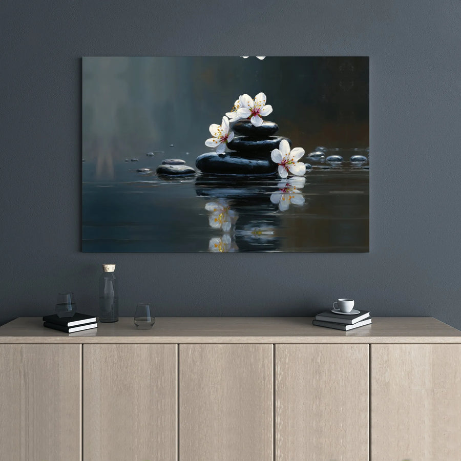 Zen Stone Canvas Wall Art | White Cherry Blossom Spa Decor | 1.25 Inch Gallery Wrap | Calming Nature Print for Home Office