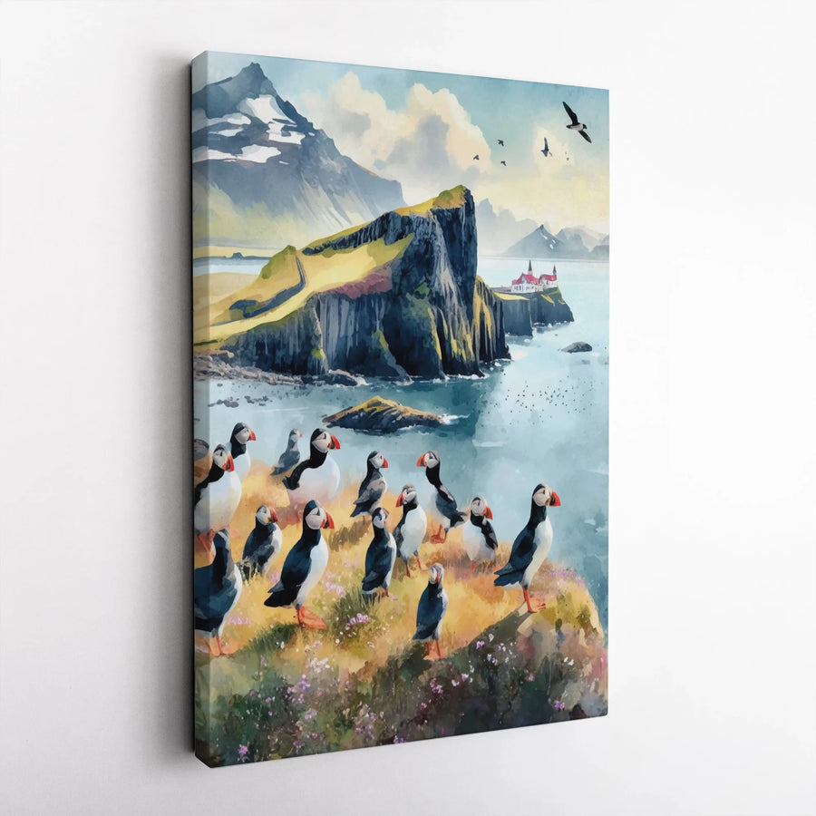 Puffin Wall Art Canvas | Coastal Cliff Landscape Painting | Premium Gallery Wrap Print | Bird Lover Nature Home Decor