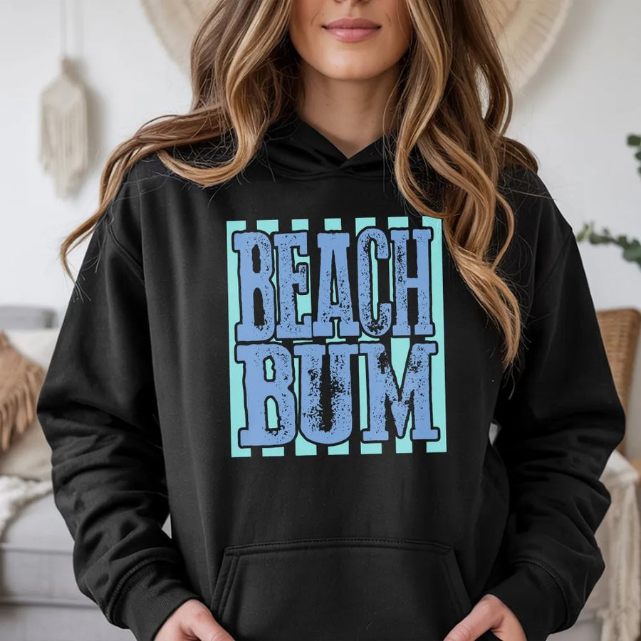 Beach Bum Hoodie | Retro Summer Vibes Graphic Sweatshirt | Soft Cotton-Blend Pullover | Gift for Beach Lover