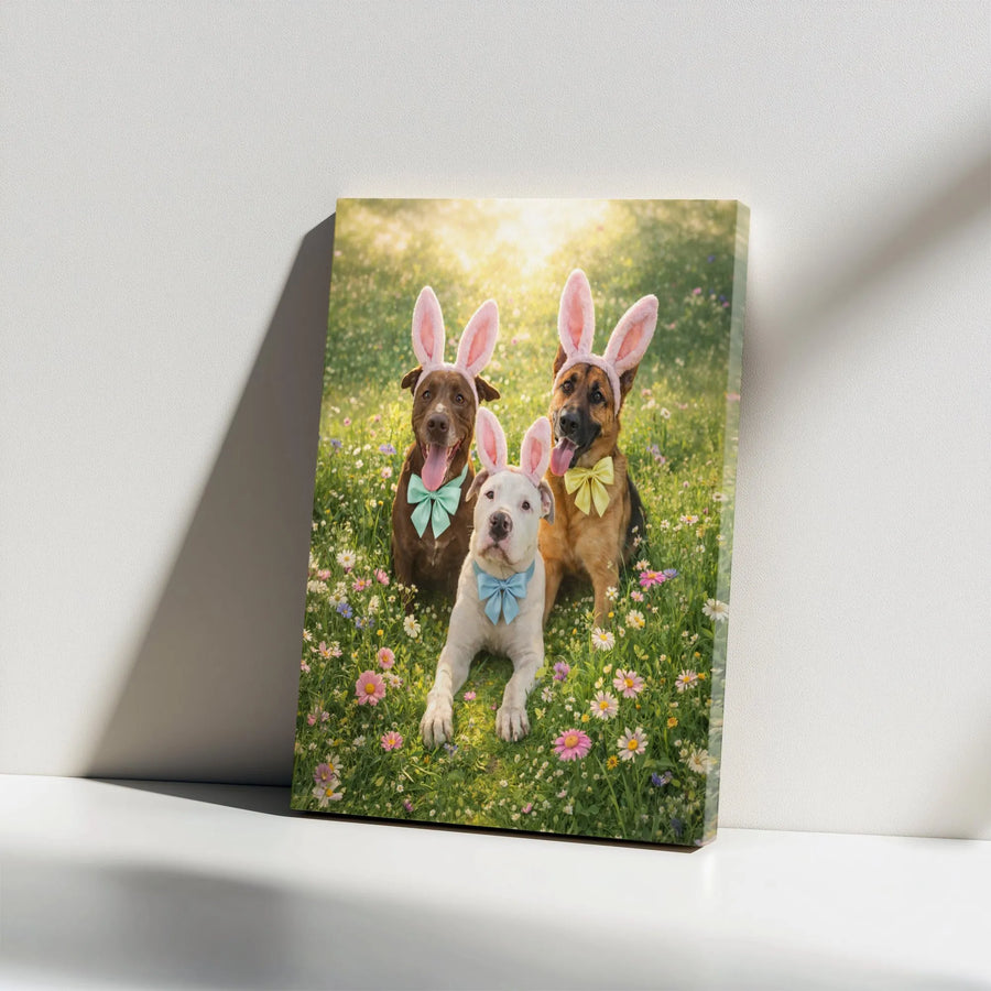 Easter Dogs Canvas Art | Pitbull German Shepherd with Bunny Ears | Premium Matte Canvas | Spring Holiday Home Decor Gift for Dog Lover