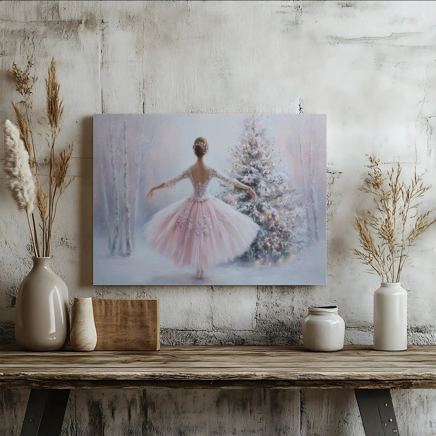 Ballerina Christmas Wall Art | Pink Tutu Dancer in Snowy Forest | Premium 1.25" Gallery Canvas | Elegant Holiday Home Decor Gift