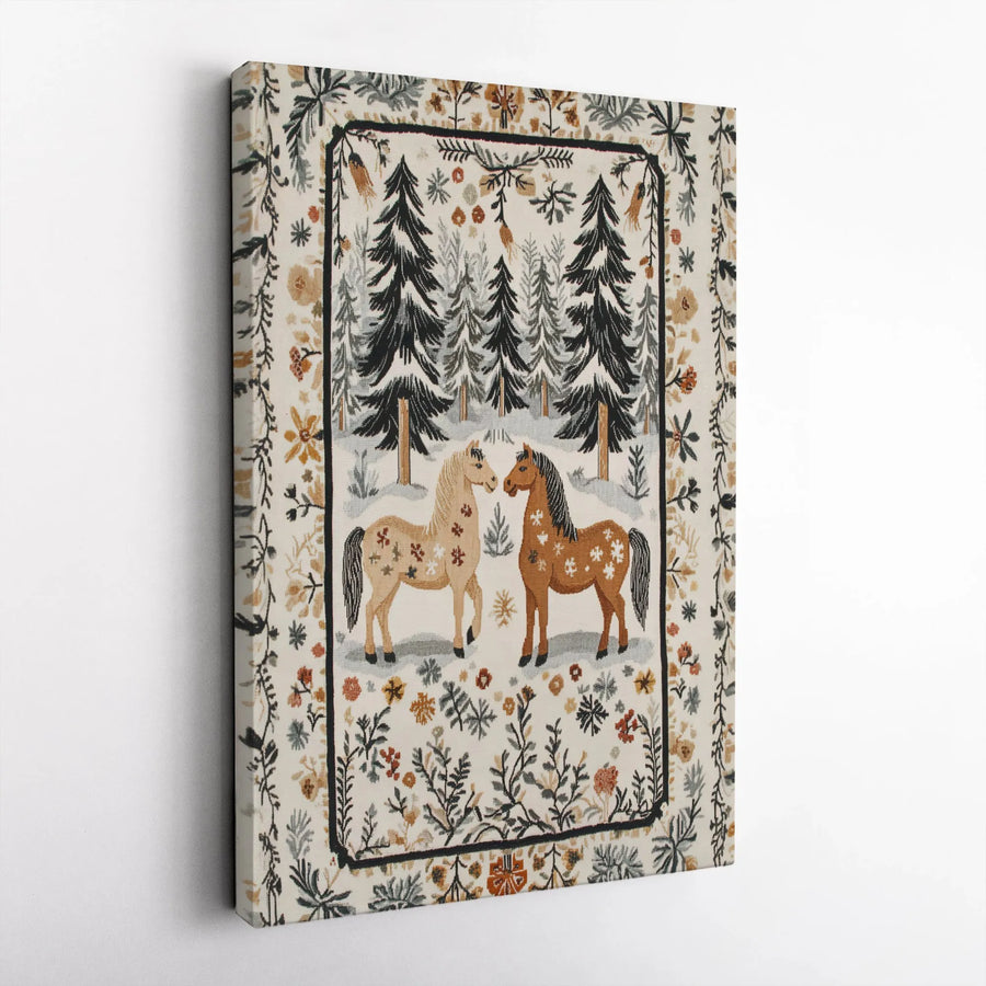 Folk Art Horse Canvas Wall Art | Snowy Pine Forest Winter Scene | Premium Gallery Wrap Print | Rustic Country Home Decor Gift