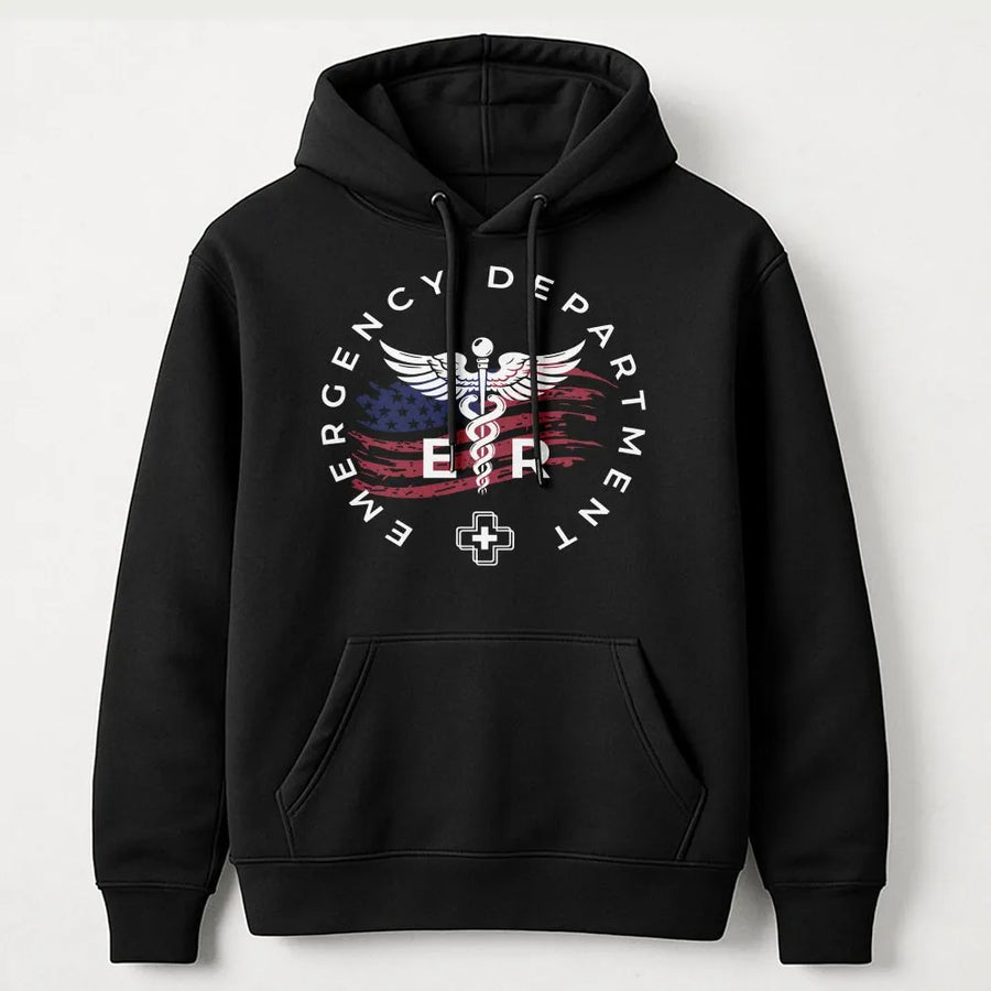 ER Nurse Hoodie | Patriotic American Flag Caduceus Emblem | Soft Breathable Cotton | Premium Gift for Emergency Room Staff and RNs