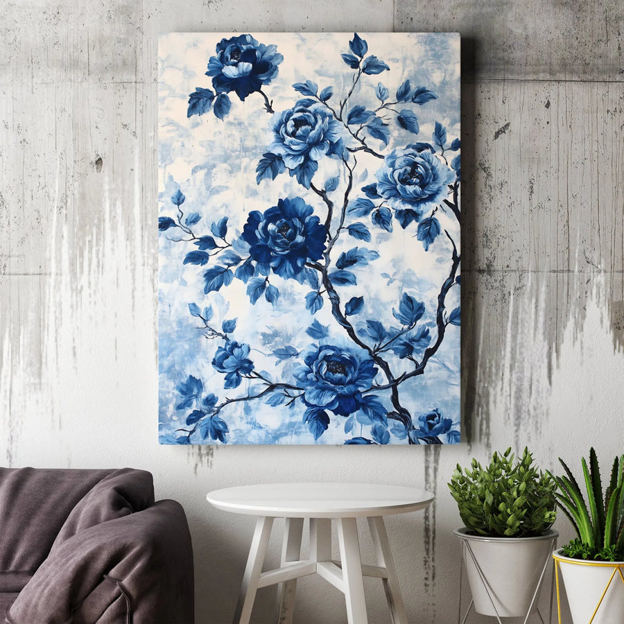 Blue Chinoiserie Floral Canvas Wall Art | Indigo Rose Botanical Branch | Gallery Wrap Premium Print | Elegant Home Decor for Living Room Bedroom