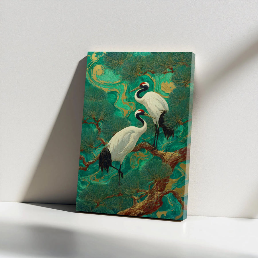Japanese Crane Canvas Wall Art | Vintage Asian Crane & Pine Tree Print | Premium Gallery Wrap Canvas | Zen Home Decor Gift