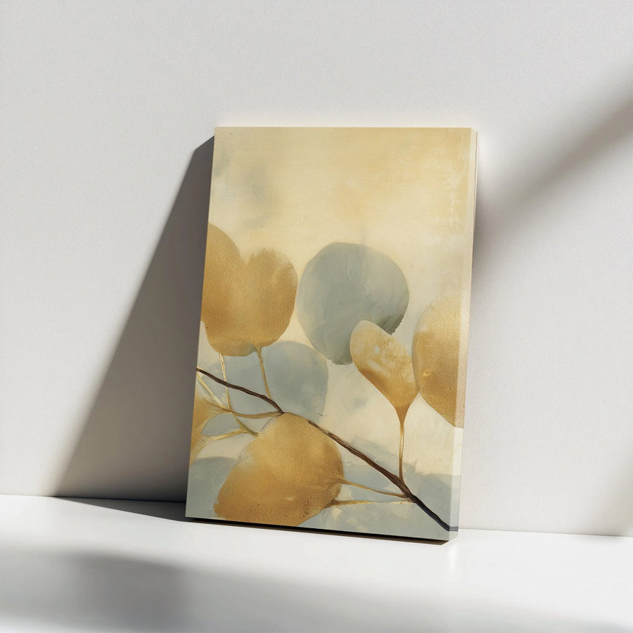 Abstract Gold Leaf Vertical Canvas | Minimalist Botanical Print with Gold Accents | Premium Frameless Gallery Canvas | Modern Home Decor Gift