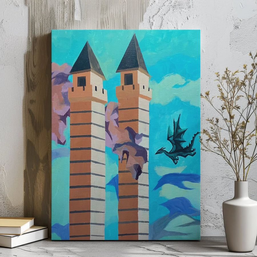 Fantasy Dragon Wall Art | Flying Creature Near Castle Towers | Premium Gallery Wrapped Canvas | Mythical Decor Gift for Fantasy Lovers