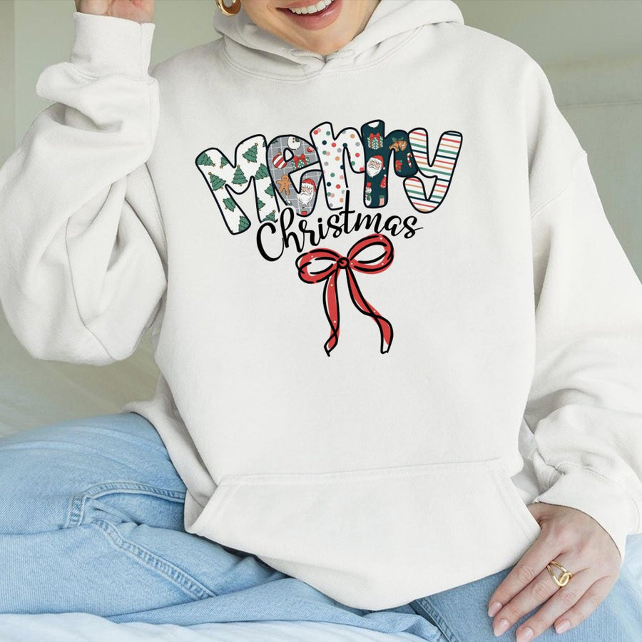 Merry Christmas Hoodie | Festive Patterned Lettering Design | Soft Cotton-Polyester Blend | Cozy Holiday Gift for Women and Men