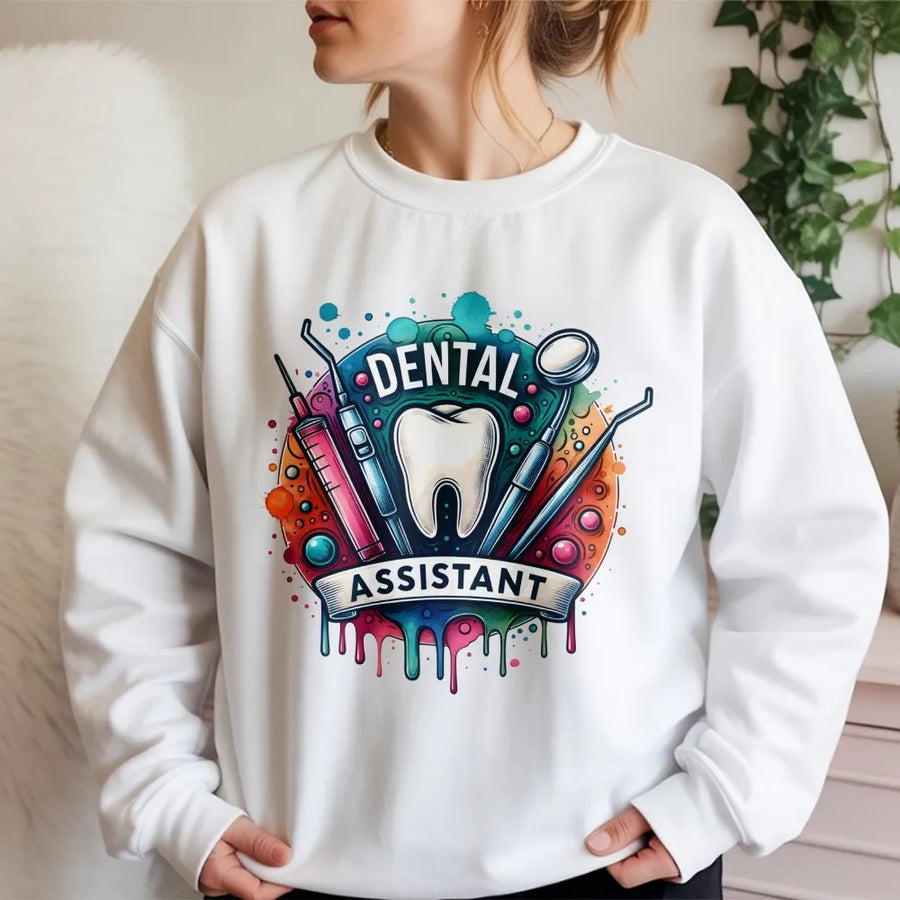 Dental Assistant Sweatshirt | Colorful Tooth & Tools Graphic Design | Premium Cotton Blend | Graduation Gift for Dental Hygienist or Assistant