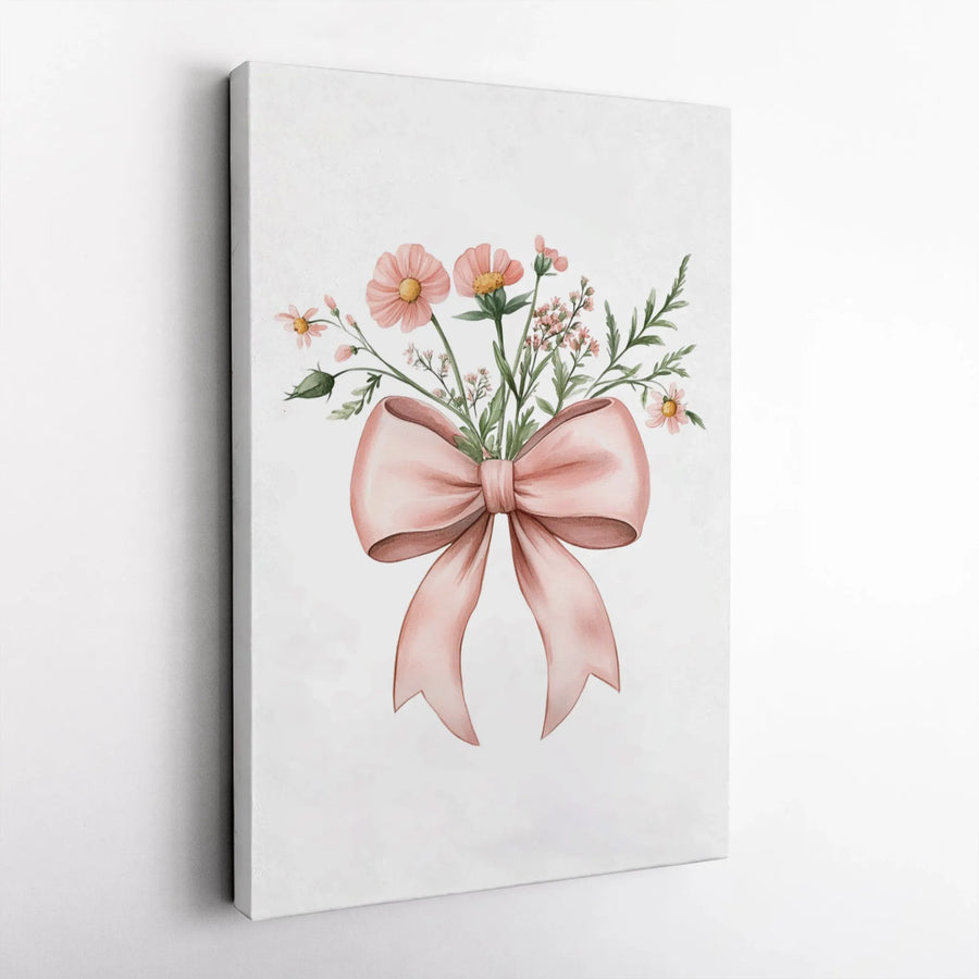 Watercolor Floral Bouquet Vertical Canvas | Pink Ribbon Bow Wildflower Art Print | Premium Gallery Wrapped Canvas | Nursery Wall Decor Gift for Girls Room