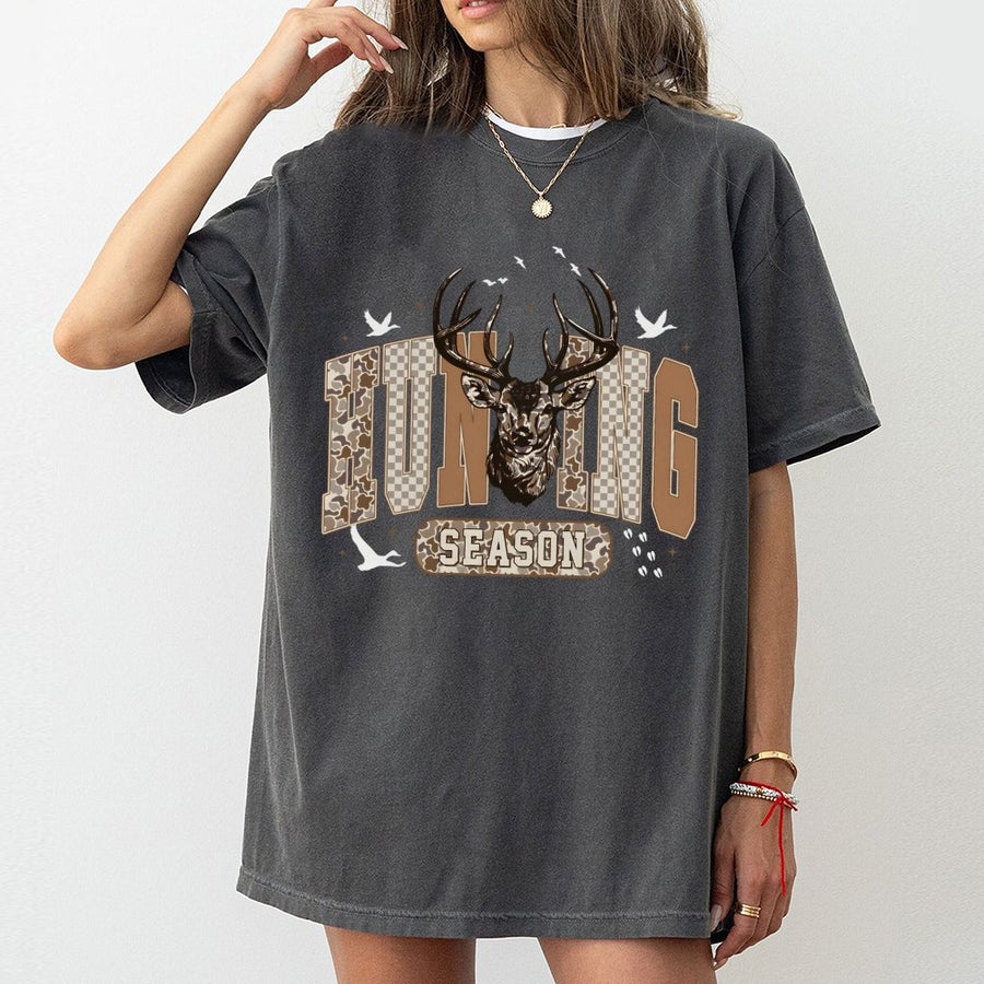 Hunting Season T-Shirt | Camo Deer and Duck Graphic Print | 100% Cotton Premium Apparel | Outdoorsman Gift for Hunters