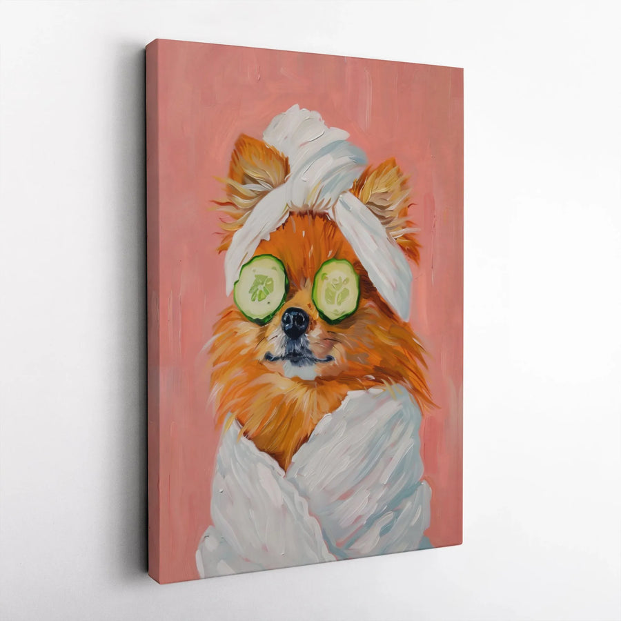 Pomeranian Spa Day Wall Art | Funny Dog in Towel & Cucumber Slices | Premium Gallery Wrap Canvas | Whimsical Pet Lover Gift