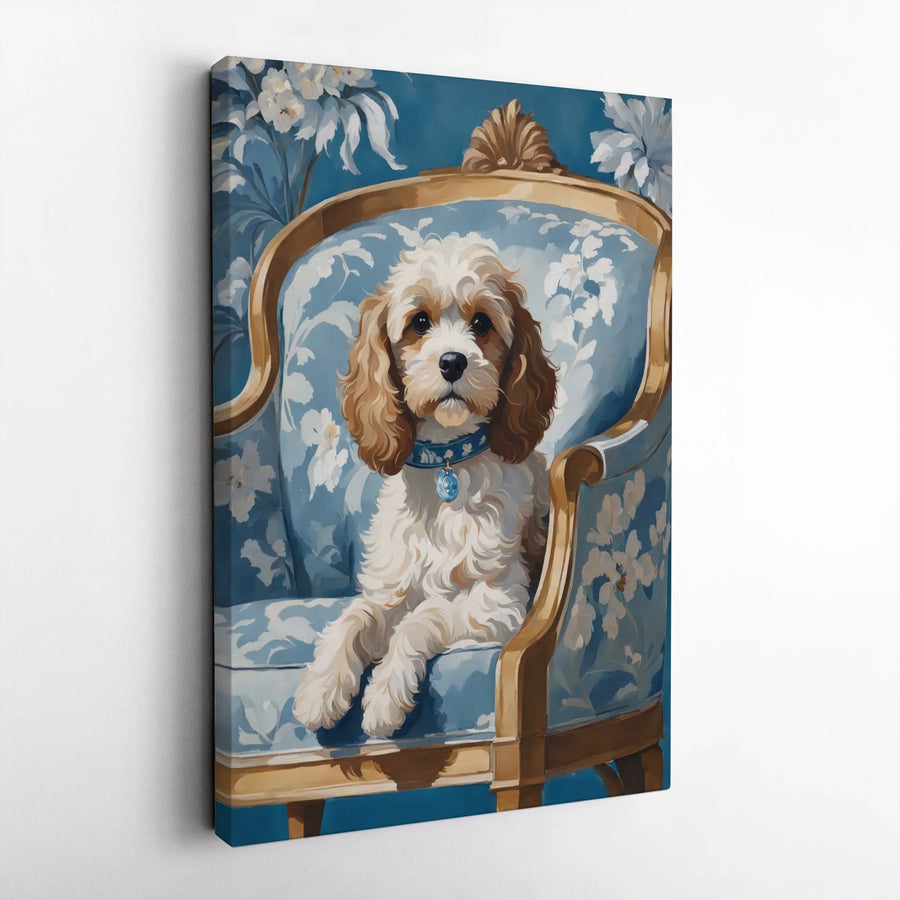 Cockapoo Dog Portrait Wall Art | Regal Royal Blue Floral Chair Canvas | Premium Fade-Resistant Print | Elegant Pet Lover Home Decor Gift