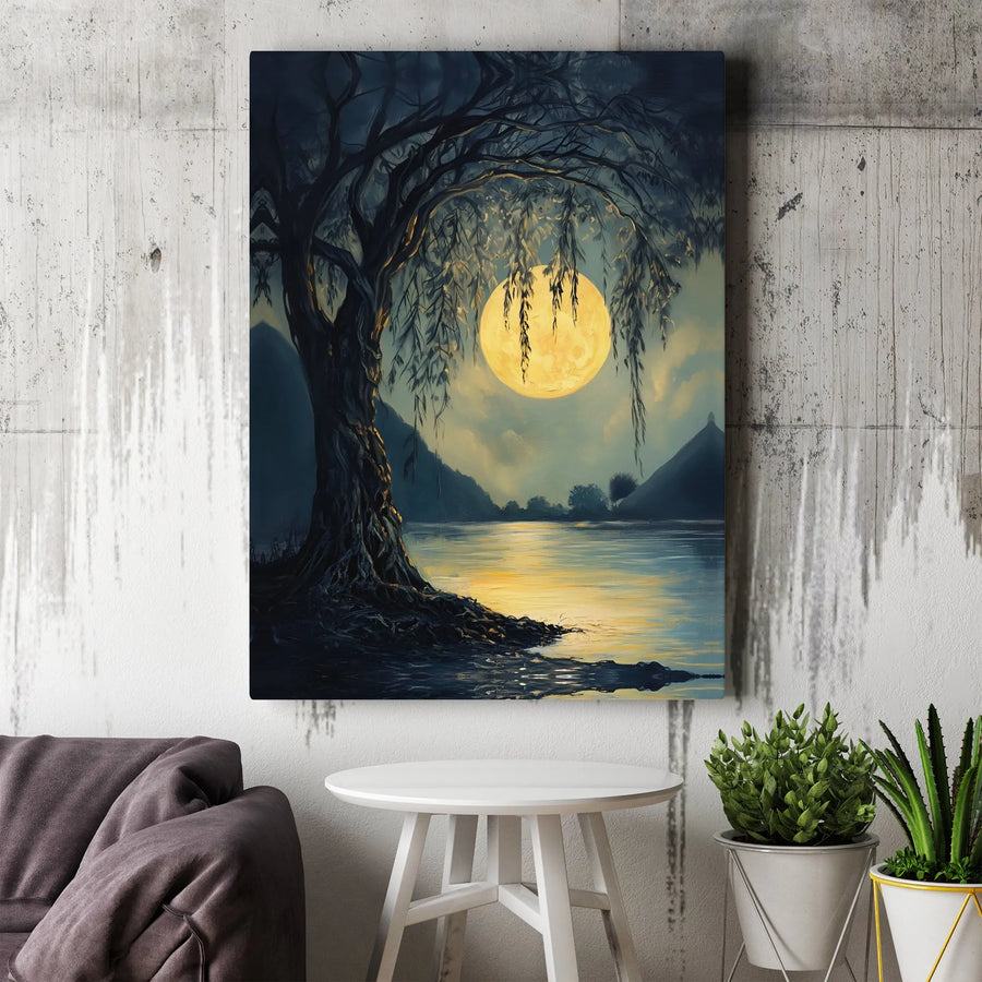 Weeping Willow Canvas Wall Art | Full Moon Landscape Print | Premium Gallery Wrap Decor | Nature Lover Gift for Home Office
