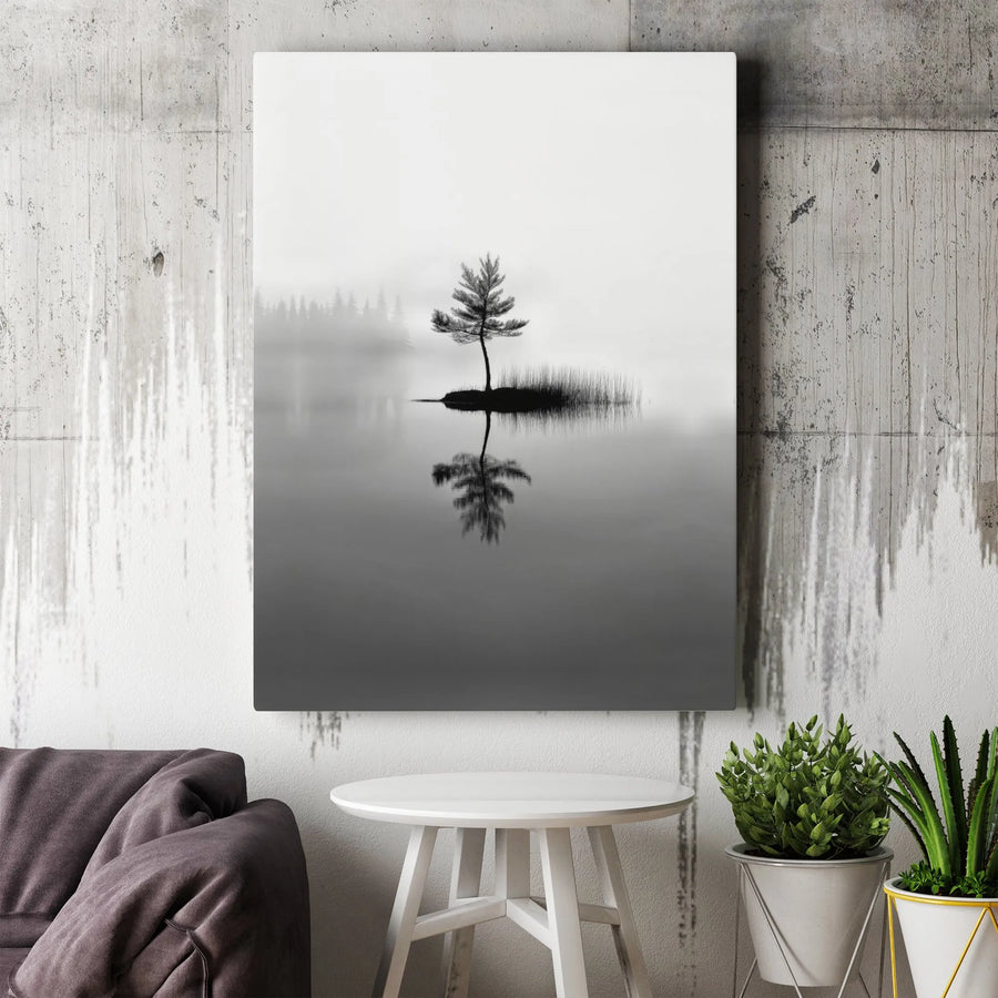 Minimalist Tree Wall Art | Black and White Foggy Lake Reflection | Premium Gallery Wrapped Canvas | Serene Nature Home Decor Gift