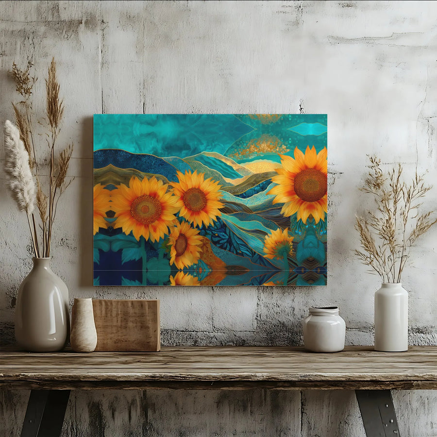 Abstract Sunflower Canvas Art | Teal and Gold Mountain Landscape | Premium Gallery Wrap | Floral Wall Decor Gift for Home