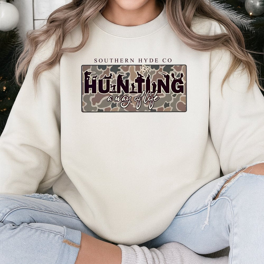 Hunting A Way Of Life Sweatshirt | Camo Print Graphic Pullover | Soft Cotton Blend | Gift For Hunters Outdoorsmen Men Women Unisex