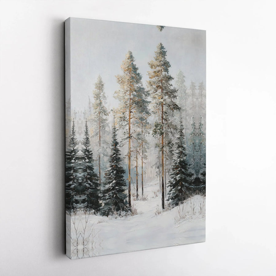 Winter Forest Canvas Print | Snowy Pine Trees Oil Painting Art | Premium Gallery Wrap Wall Decor | Nature-Inspired Landscape Gift For Home