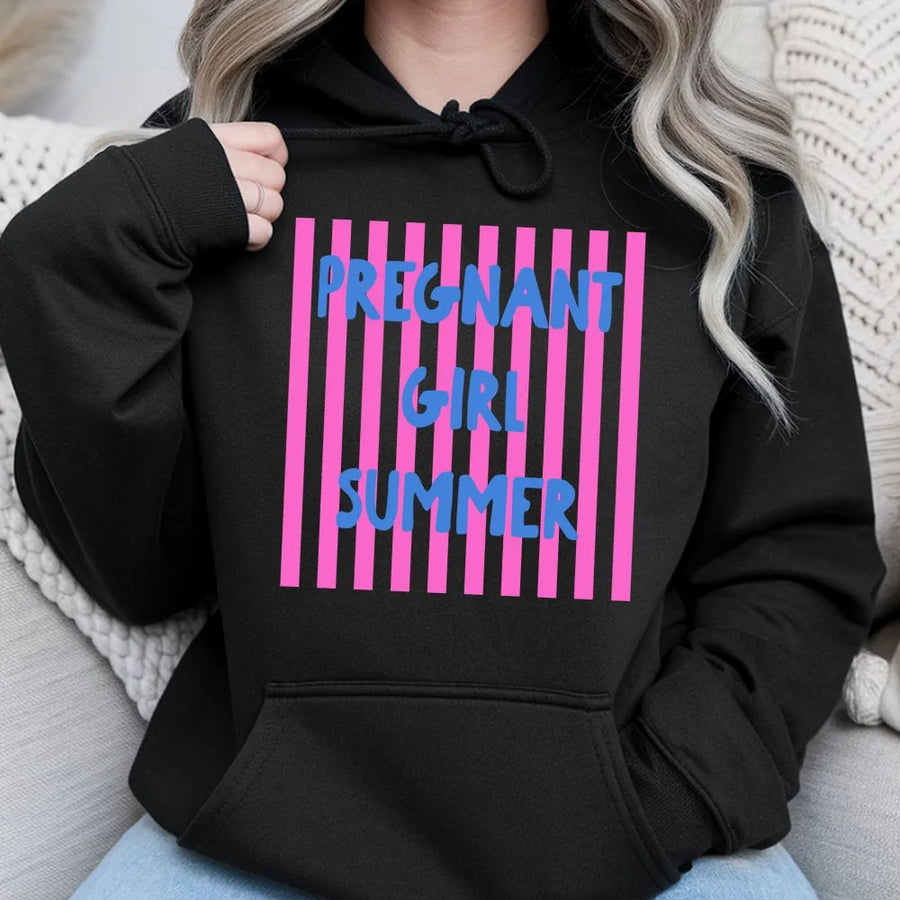 Pregnant Girl Summer Hoodie | Striped Baby Announcement Graphic | Soft Cotton Blend | Comfortable Maternity Gift for Expecting Mom