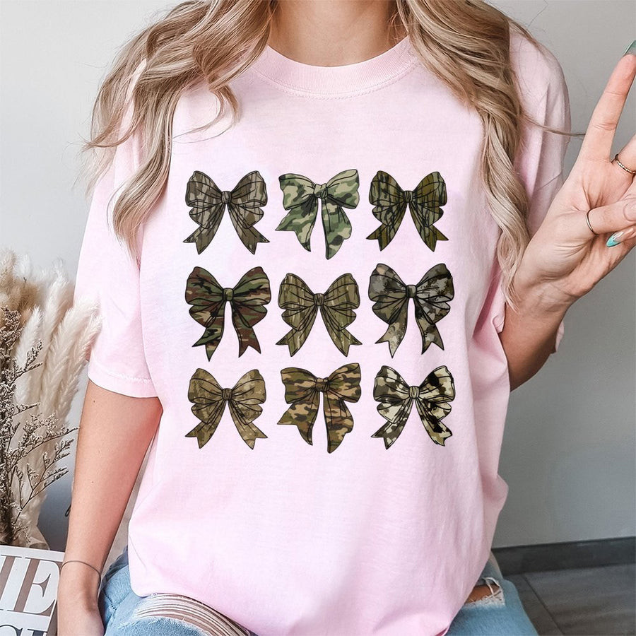 Camo Bow T-Shirt | Western Aesthetic With 9 Camouflage Bow Graphic | Premium Soft Cotton Tee | Country Girl Style Gift For Her