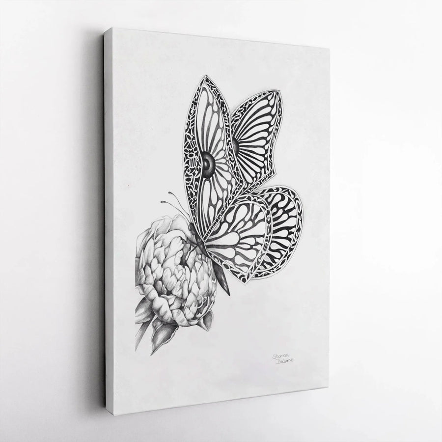 Butterfly on Peony Canvas Print | Intricate Black and White Sketch Illustration | Premium Fade-Resistant Canvas | Modern Botanical Wall Decor Gift