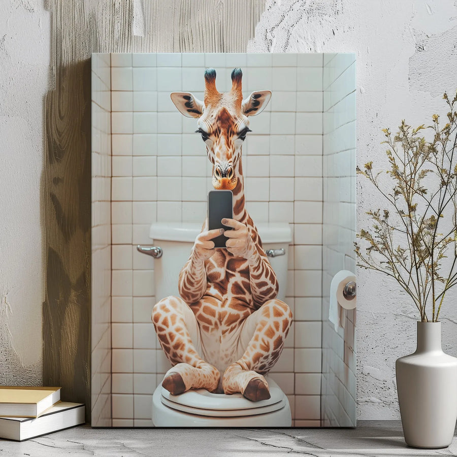 Funny Giraffe Bathroom Wall Art | Quirky Animal Toilet Phone Print | Premium Gallery Wrap Canvas | Unique Humorous Home Decor Gift