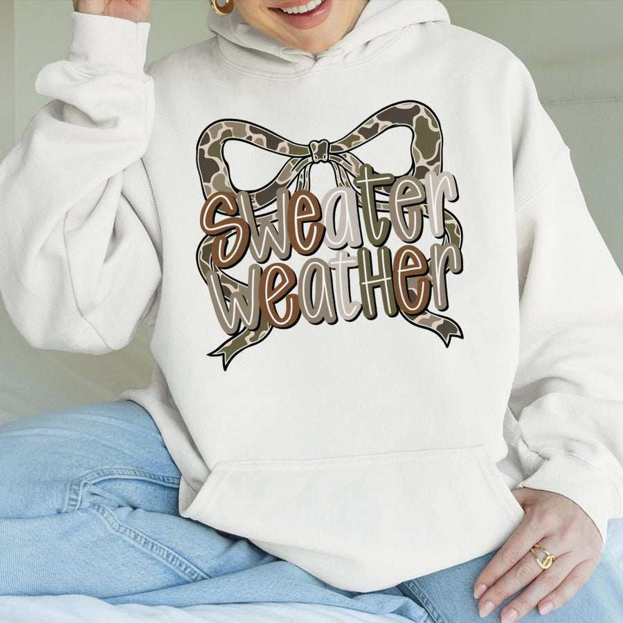 Sweater Weather Hoodie | Camo Bow Graphic Design | Premium Cotton Blend | Cozy Fall Aesthetic Gift for Women