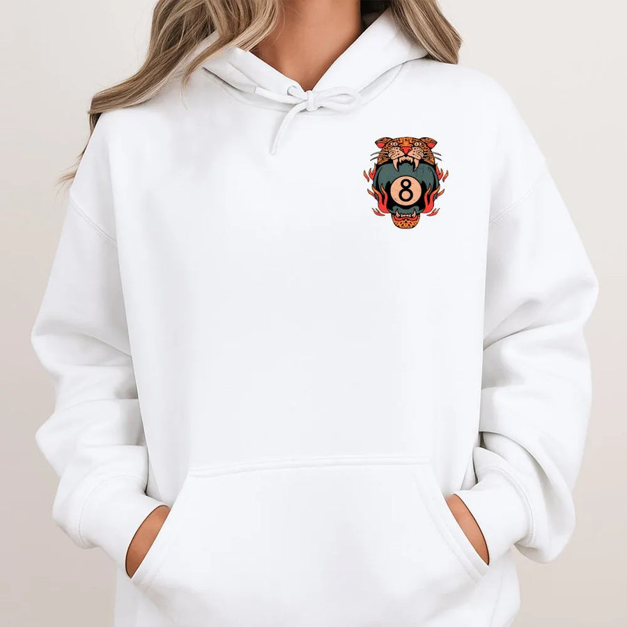 Tiger 8 Ball Hoodie | Vintage Traditional Tattoo Style | Soft Unisex Crewneck | Collector's Gift for Pool Player