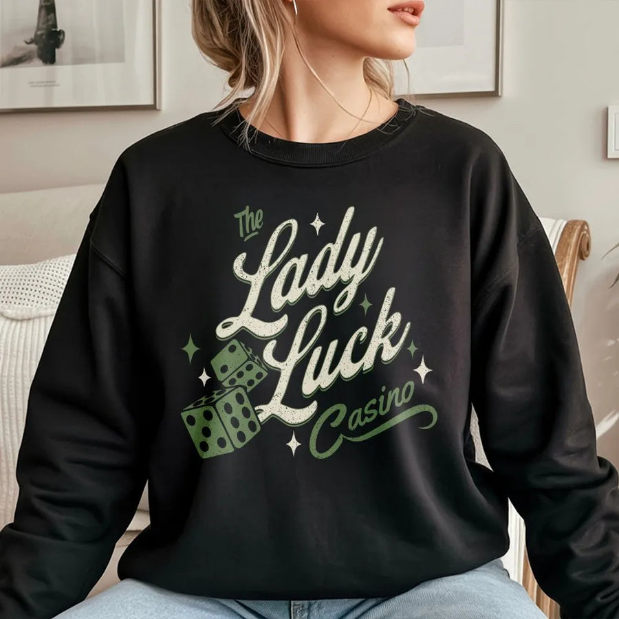 Good Luck Sweatshirt | Vintage Lady Luck Casino Graphic | Premium Unisex Pullover | Gift for Gamblers, Vegas Trip Apparel