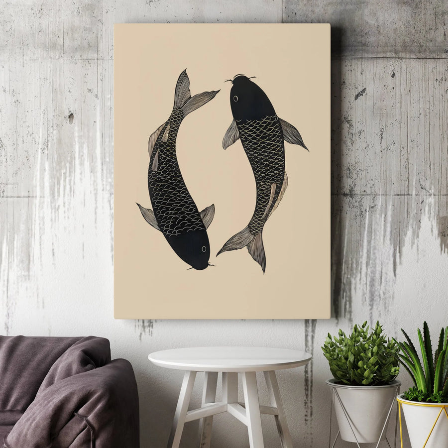 Koi Fish Yin Yang Wall Art | Japanese Minimalist Zen Poster | Premium Gallery Wrapped Canvas | Spiritual Home Decor Gift