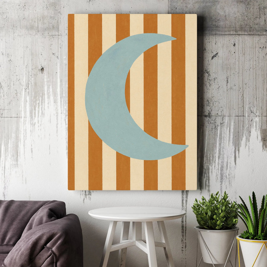 Crescent Moon Wall Art | Mid-Century Modern Striped Canvas | Gallery Quality 1.25” Thick Print | Minimalist Boho Home Decor Gift