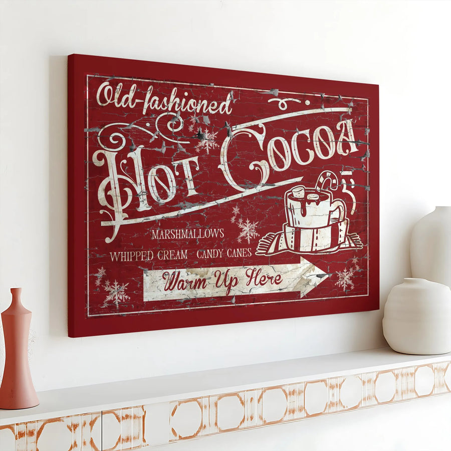 Hot Cocoa Canvas Sign | Vintage Farmhouse Holiday Wall Decor | 1.25" Gallery Wrap | Festive Christmas Kitchen Art Gift