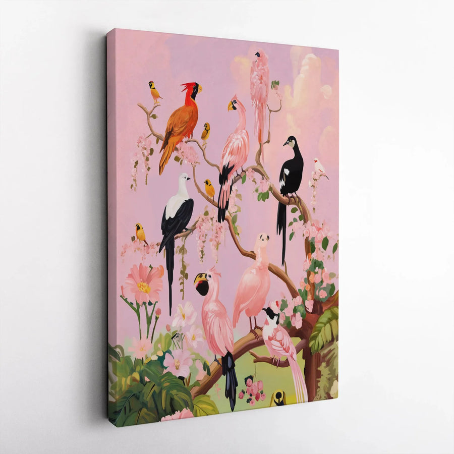 Tropical Bird Canvas Art | Pink Floral Exotic Wildlife Print | Premium Gallery Wrapped Wall Decor | Gift for Nature Lovers