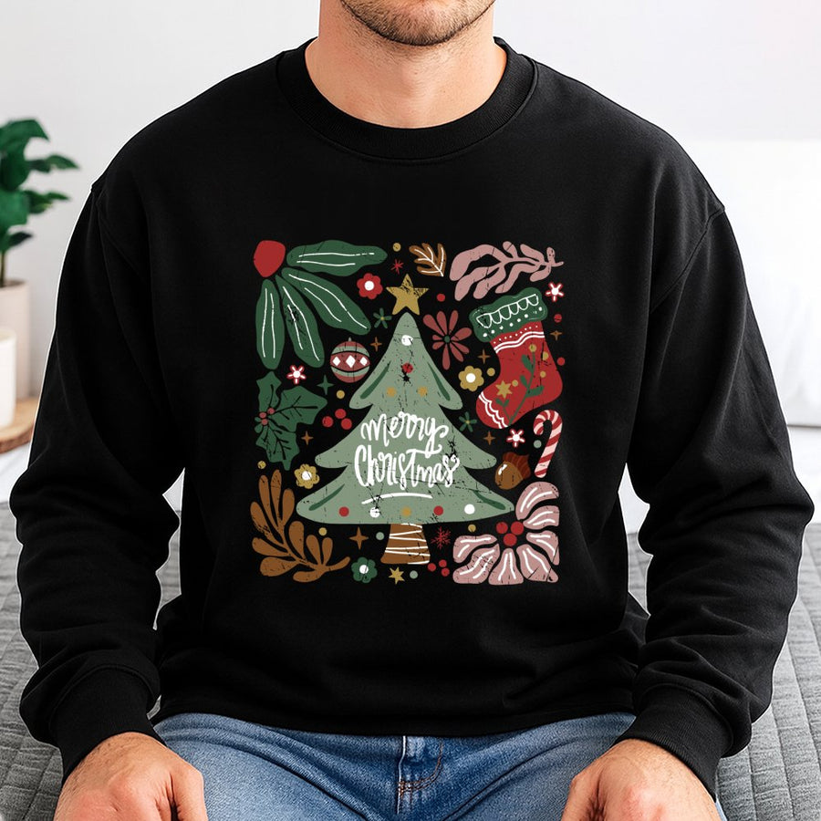 Merry Christmas Floral Sweatshirt | Retro Botanical Holiday Tree Graphic | Premium Cotton Blend | Cozy Festive Gift for Women and Men