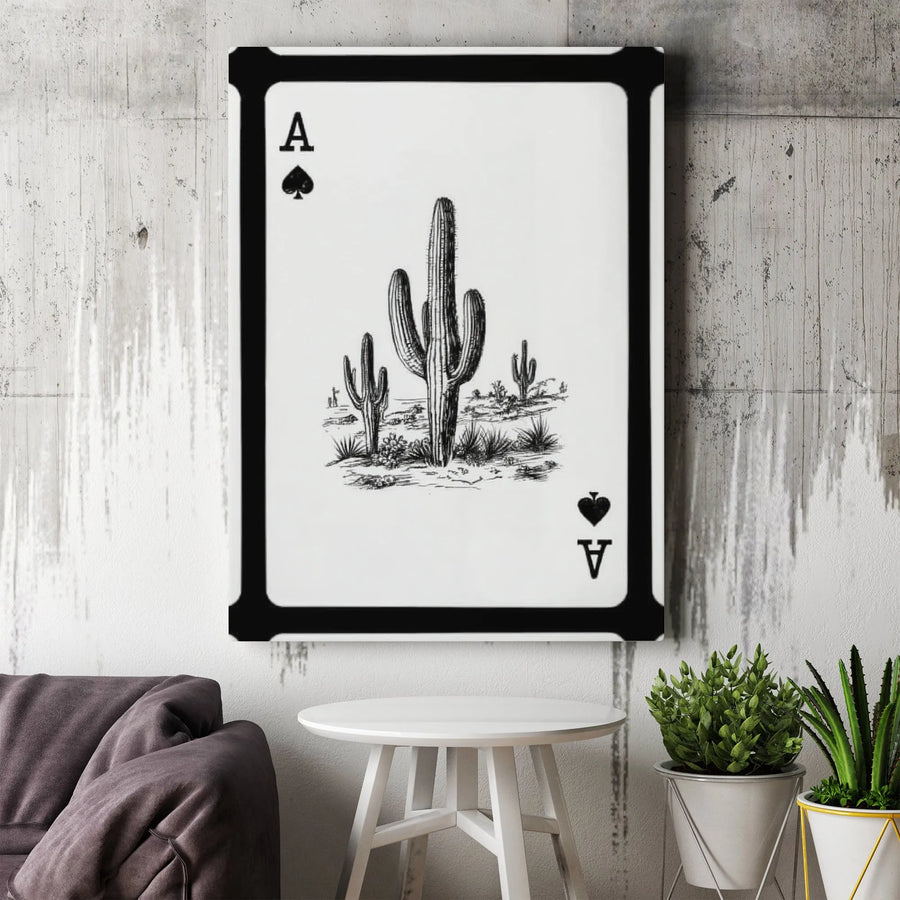 Ace Of Spades Saguaro Cactus Wall Art | Desert Botanical Playing Card Print | Premium Gallery-Wrapped Canvas | Modern Southwest Home Decor Gift