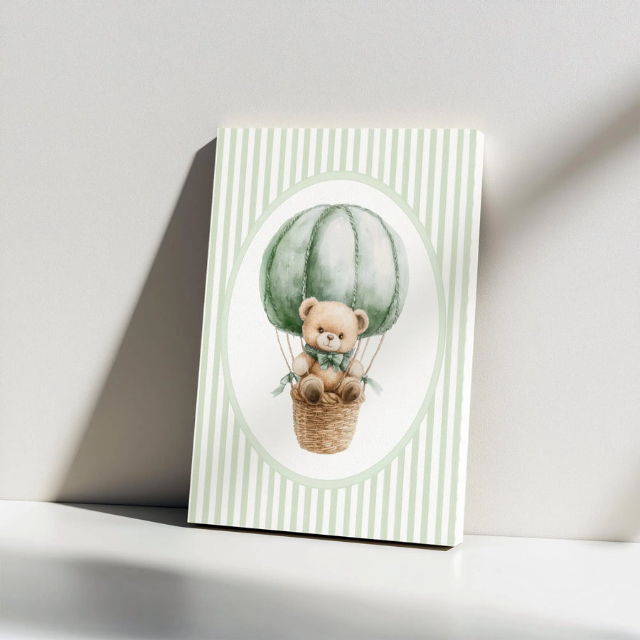 Watercolor Teddy Bear Canvas Art | Sage Green Hot Air Balloon Nursery Decor | Gallery Wrap Wall Print | Gender Neutral Baby Room Gift