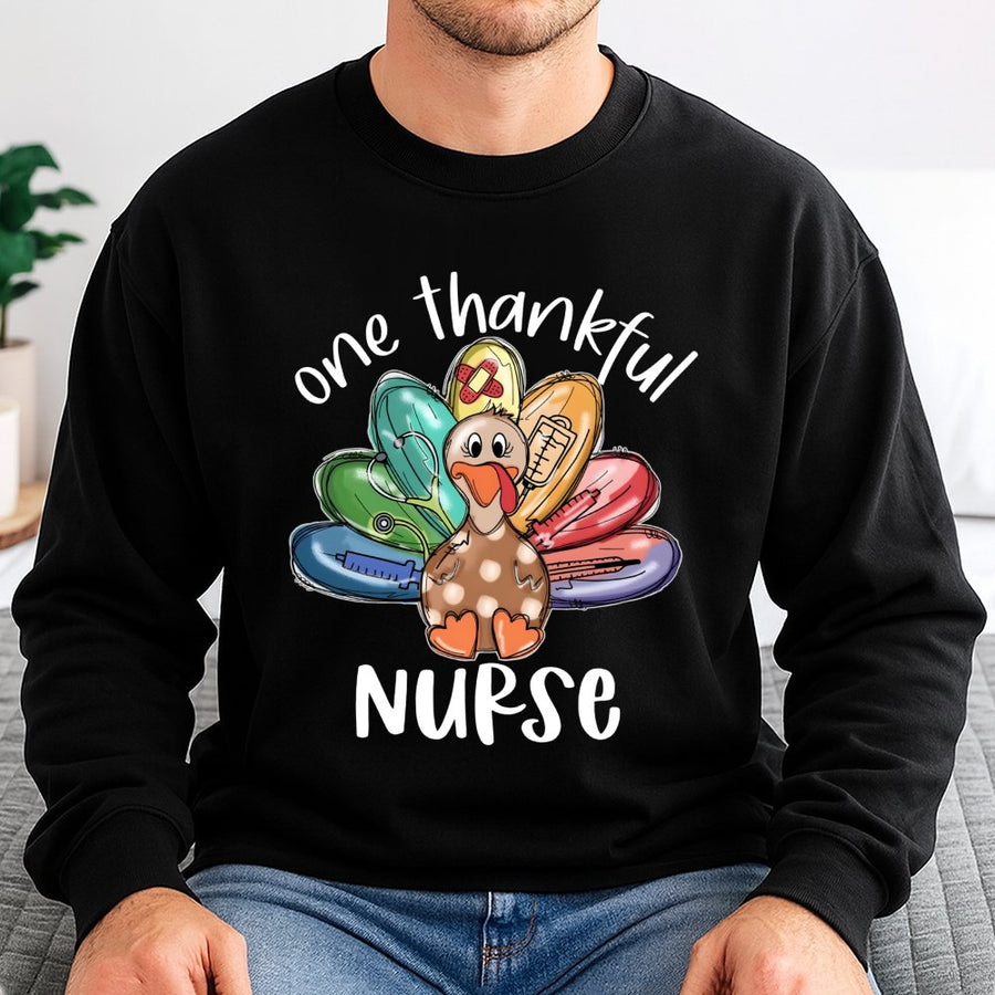 One Thankful Nurse Sweatshirt | Thanksgiving Turkey Medical Graphic | Soft Cotton Blend Crewneck | Gift for Registered Nurse & Nursing Student