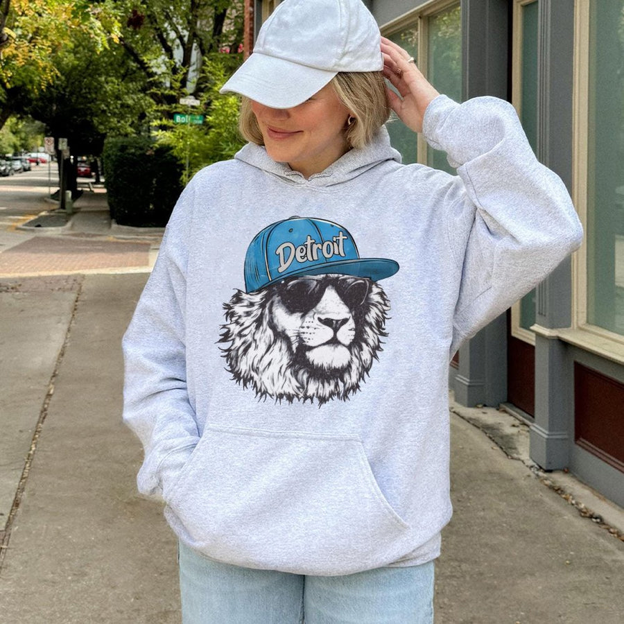 Detroit Lion Wearing A Baseball Cap And Sunglasses Hoodie