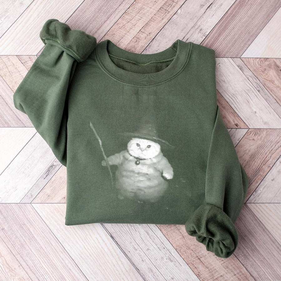 Wizard Cat Sweatshirt | Funny Chubby Magic Kitten Graphic | Premium Cotton Blend | Halloween Gift for Cat Lovers