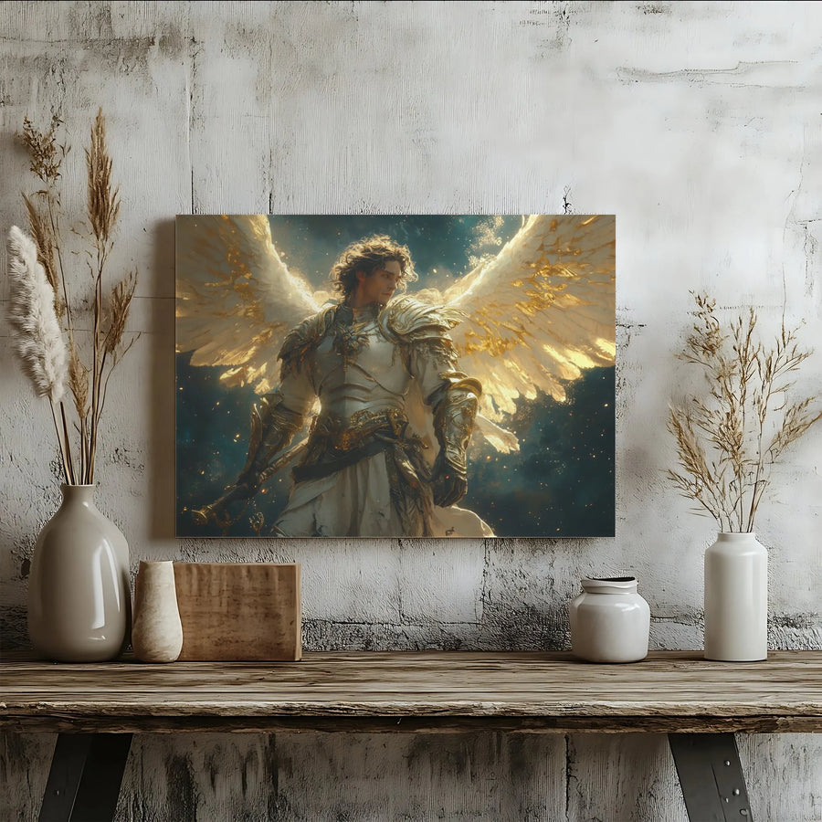 Archangel Michael Canvas Wall Art | Warrior Angel with Golden Wings | Premium Gallery Wrap Print | Religious Home Decor Gift