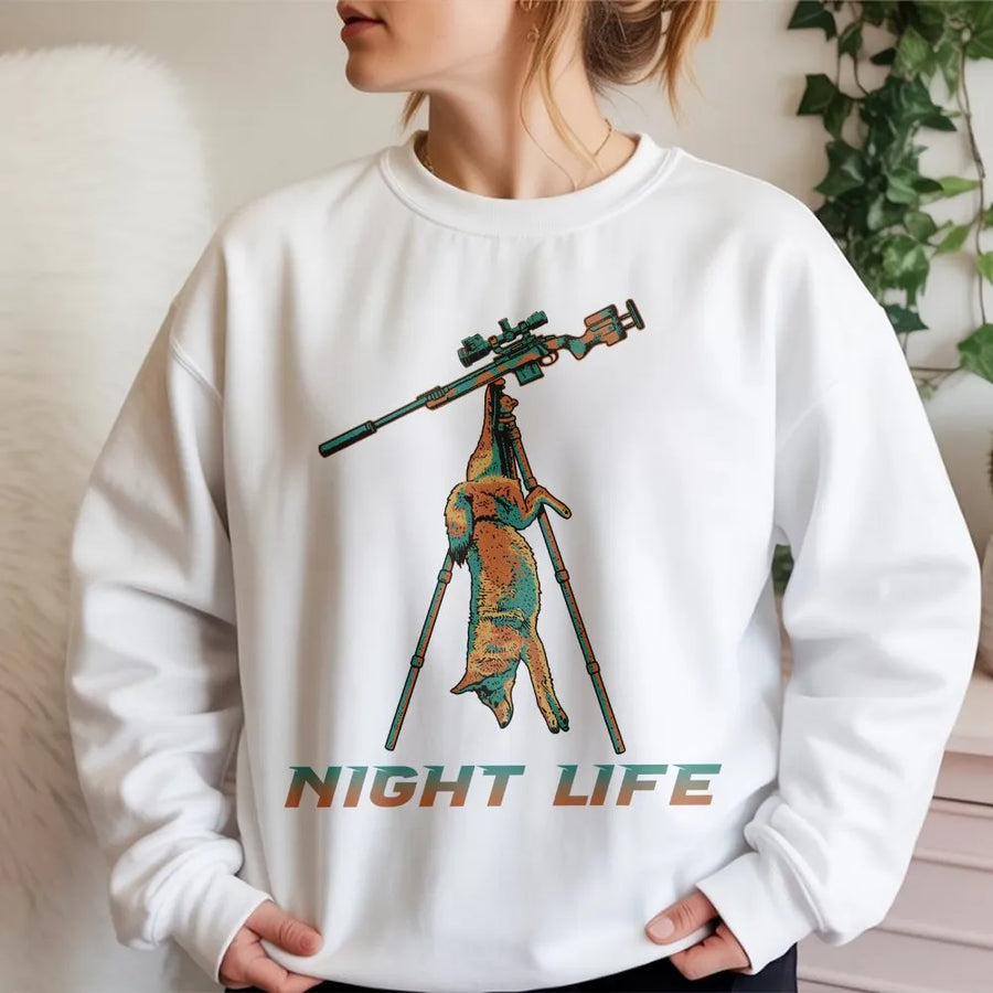 Coyote Hunting Sweatshirt | Night Life Predator Hunter Graphic | Premium Cotton Blend | Gift for Varmint Hunters