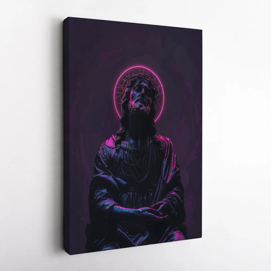 Jesus Christ Canvas Wall Art | Modern Cyberpunk Style with Neon Halo | Premium Gallery-Wrapped Print | Christian Home Decor Gift