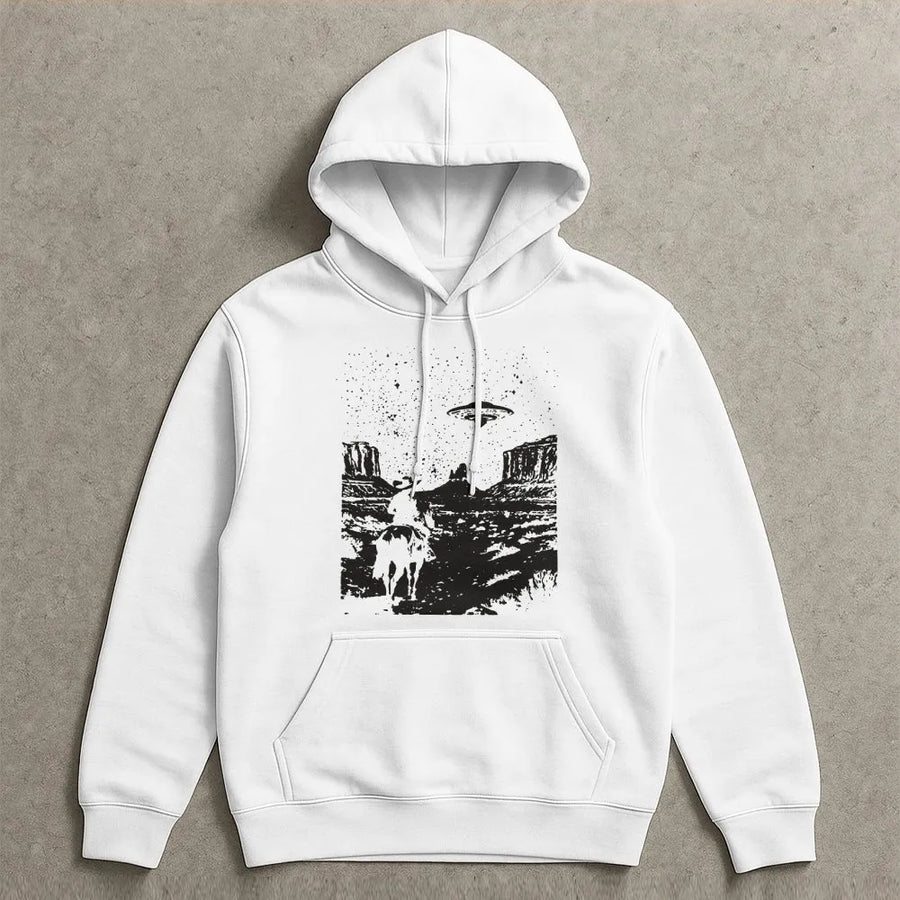 UFO Cowboy Hoodie | Retro Western Graphic Design | Premium Cotton-Poly Blend | Unisex Aesthetic Gift For Him And Her