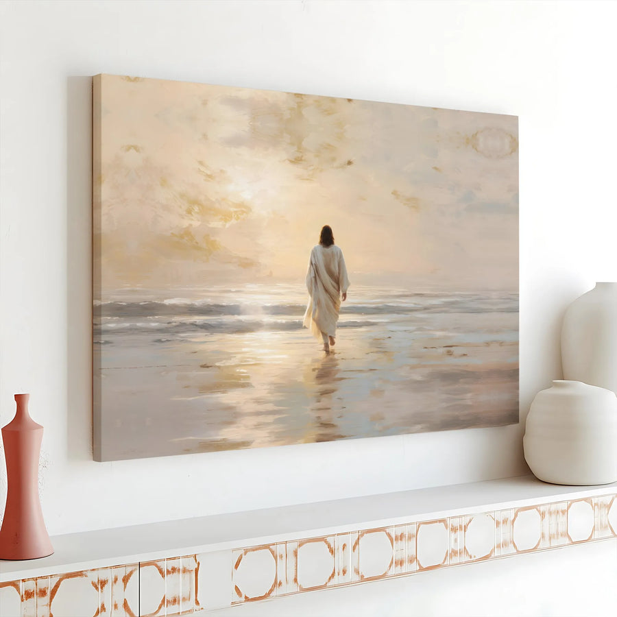 Jesus Walking On Water Canvas Wall Art | Serene Christian Beach Landscape | Premium Gallery Wrap Print | Faithful Home Decor Gift