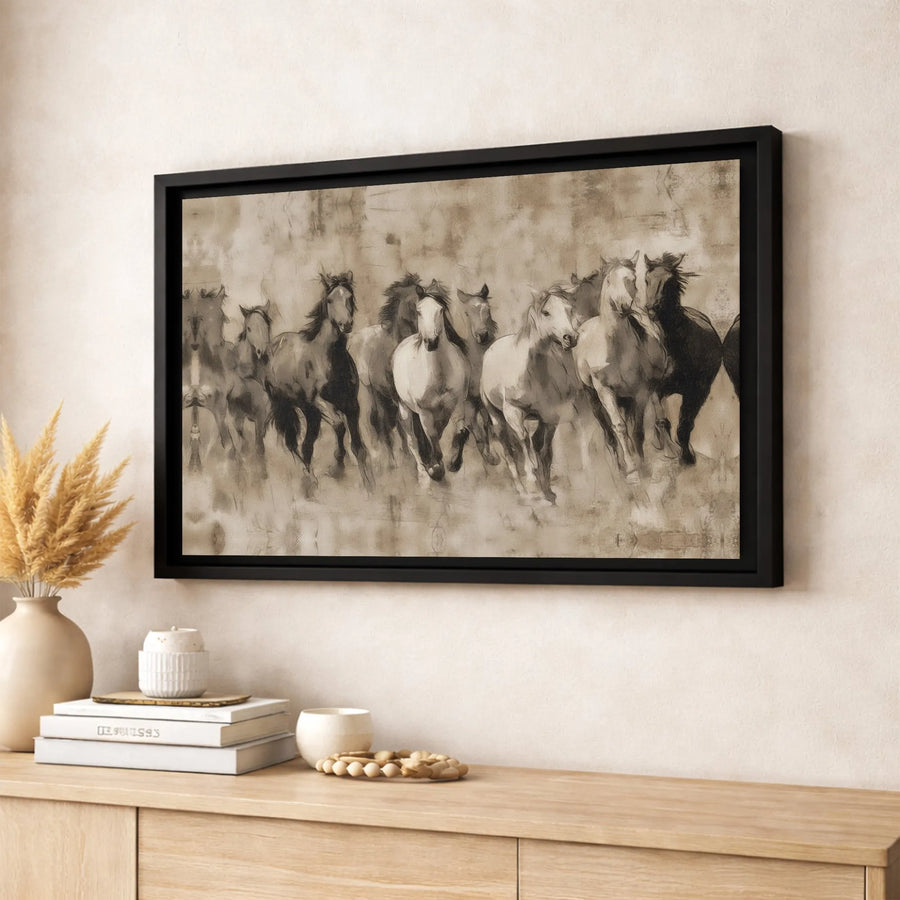 Running Horses Canvas Wall Art | Vintage Sepia Sketch Herd Print | Premium Gallery-Wrapped Gallery Quality Decor | Equestrian Home Office Gift