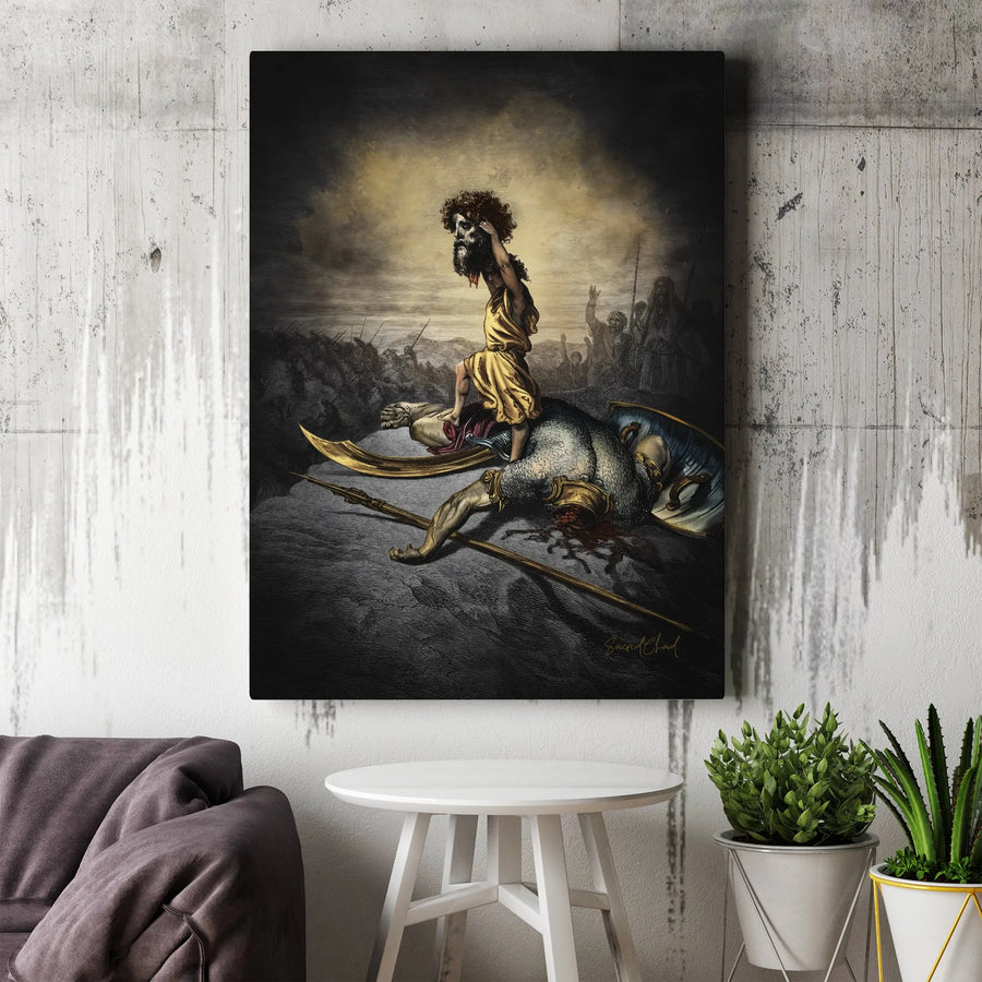 David and Goliath Canvas Print | Biblical Hero Wall Art Illustration | Premium Gallery Wrapped Decor | Gift for History and Religious Art Lovers