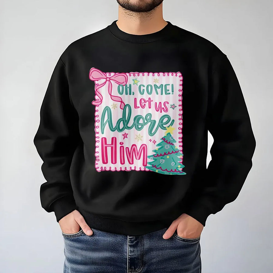 Oh Come Let Us Adore Him Sweatshirt | Pink Coquette Christmas Aesthetic | Premium Soft Cotton Blend | Religious Christian Holiday Gift for Her