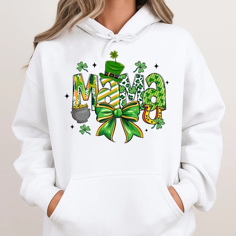 Mama St Patrick's Day Hoodie | Lucky Shamrock Clover Coquette Graphic | Premium Cotton Blend | Gift for Irish Mom Women