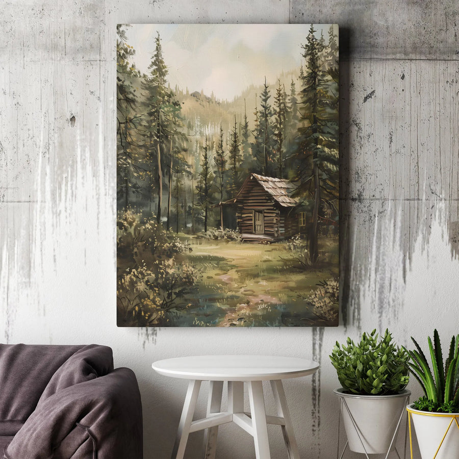 Rustic Log Cabin Wall Art | Pine Forest Landscape Painting | Premium Gallery Wrapped Canvas | Nature Inspired Home Decor Gift