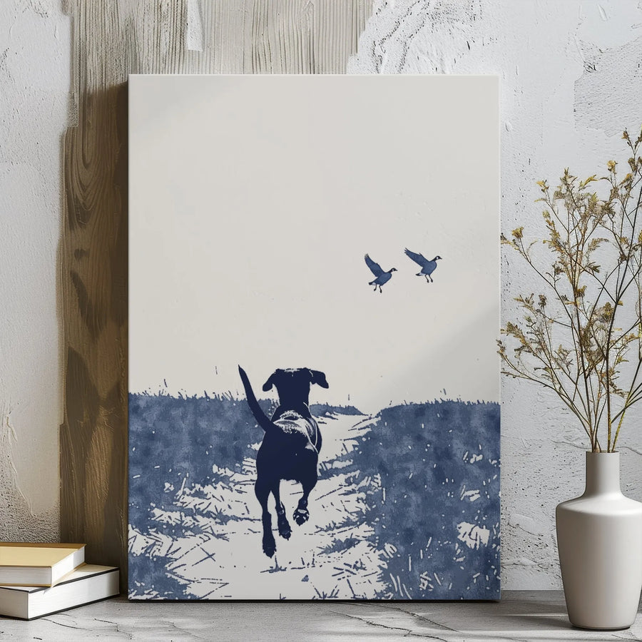 Hunting Dog Wall Art Canvas | Minimalist Labrador Pointer Field Scene | Premium Gallery Wrap Print | Gift for Hunter or Dog Lover